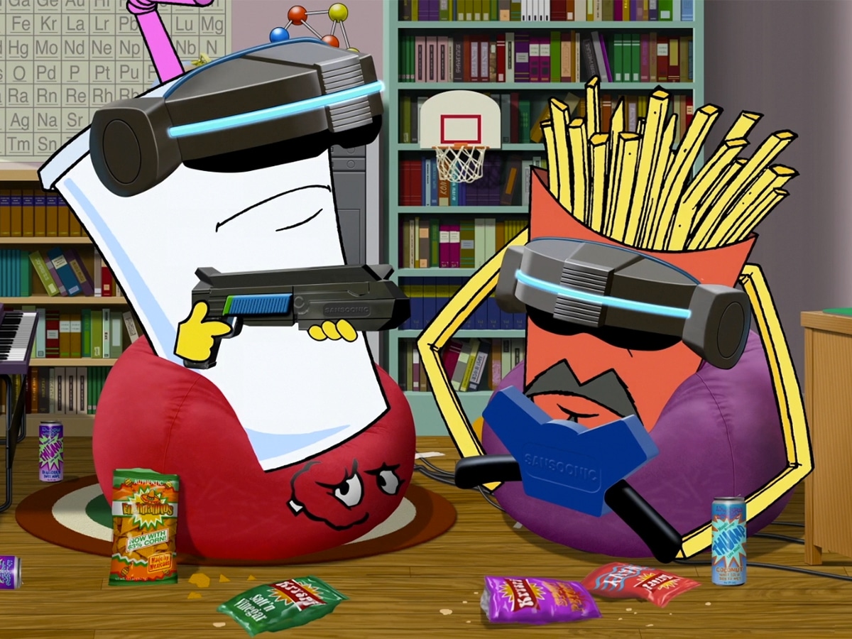 Master Shake and Frylock hanging out wearing VR headsets and eating snacks