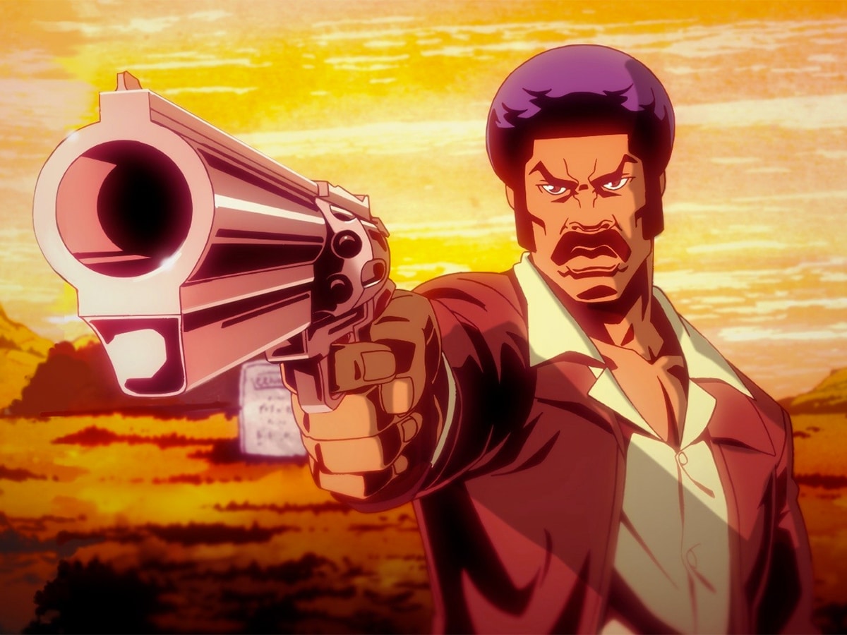 Medium shot of Black Dynamite aiming a revolver with one hand