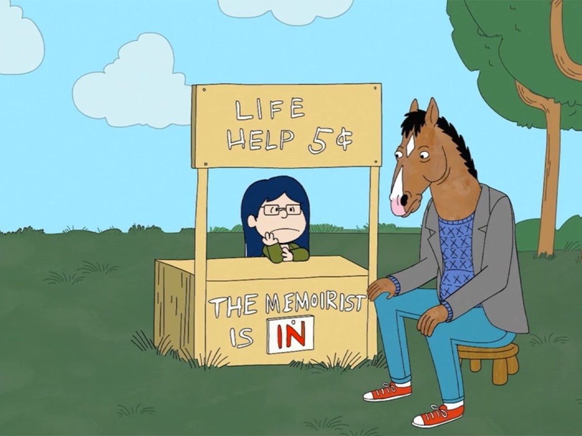 Diane managing a stall with the sign ‘LIFE HELP 5¢’ and ‘THE MEMOIRIST IS IN’ with BoJack Horseman as her customer