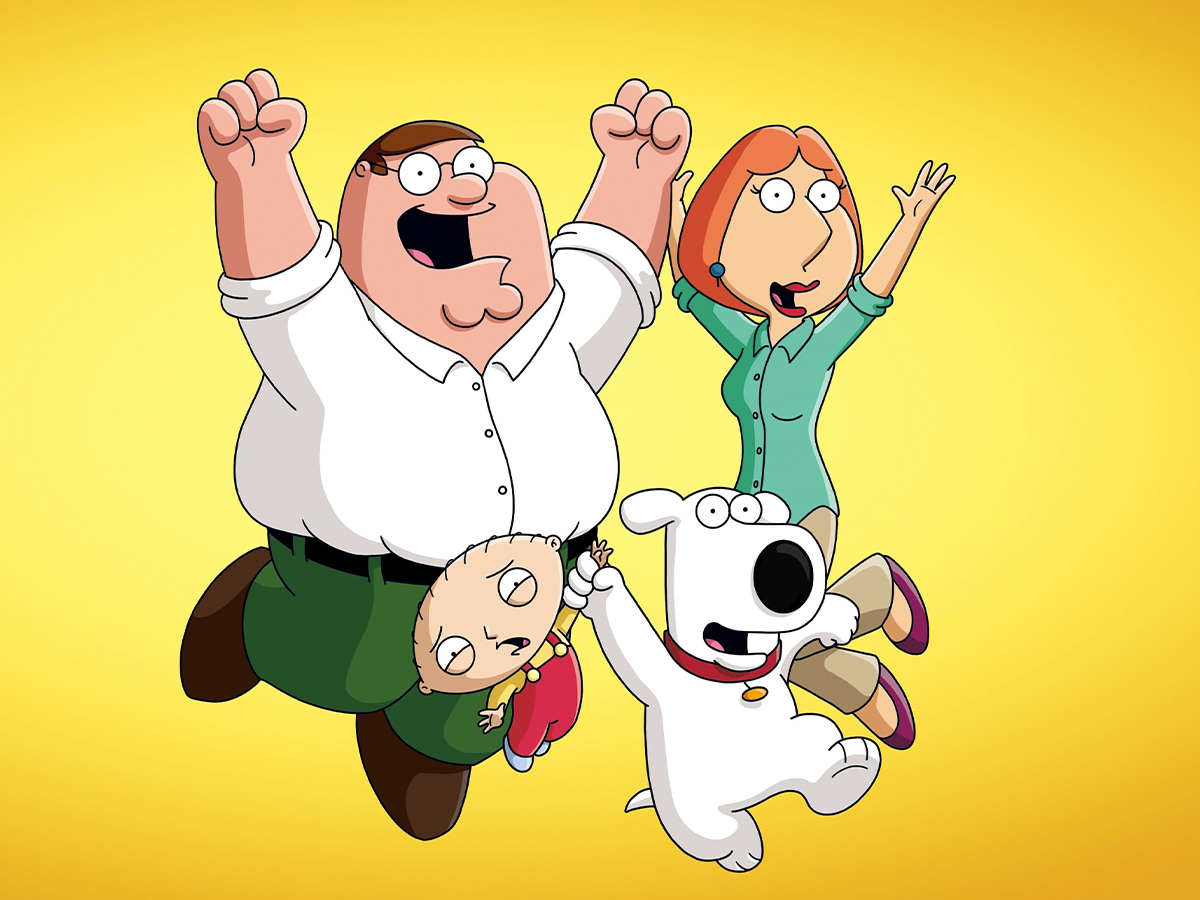 Full shot of Peter, Stewie, Lois, and Brian Griffin