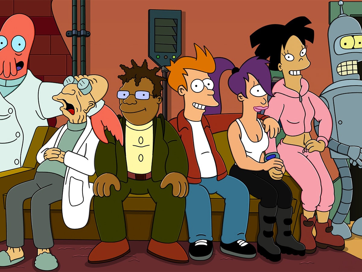 Goldberg, Professor Farnsworth, Hermes Conrad, Philip J. Fry, Leela, Amy Wong and Bender sitting on a couch