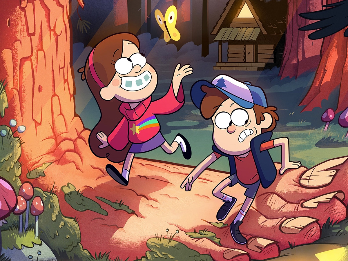 Mabel distracted by a butterfly with Dipper anxiously looking at the tree root shaped like a foot they are walking over in the middle of a forest