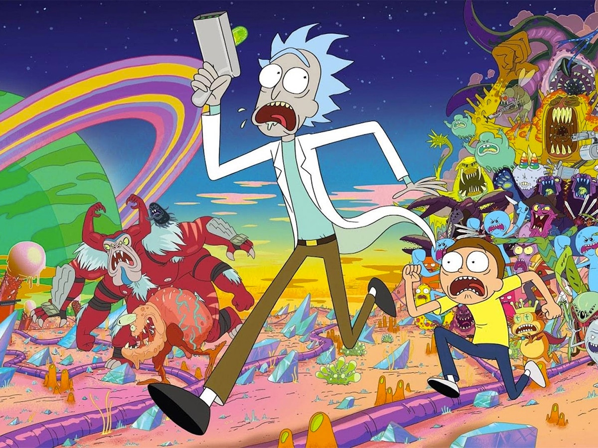 Rick and Morty running away from a horde of monsters
