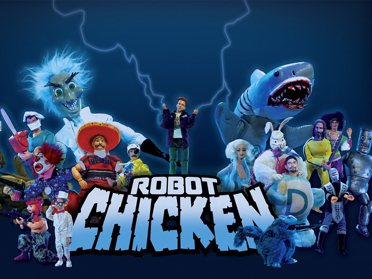 Group photo of multiple characters with the Robot Chicken logo at the bottom of the image