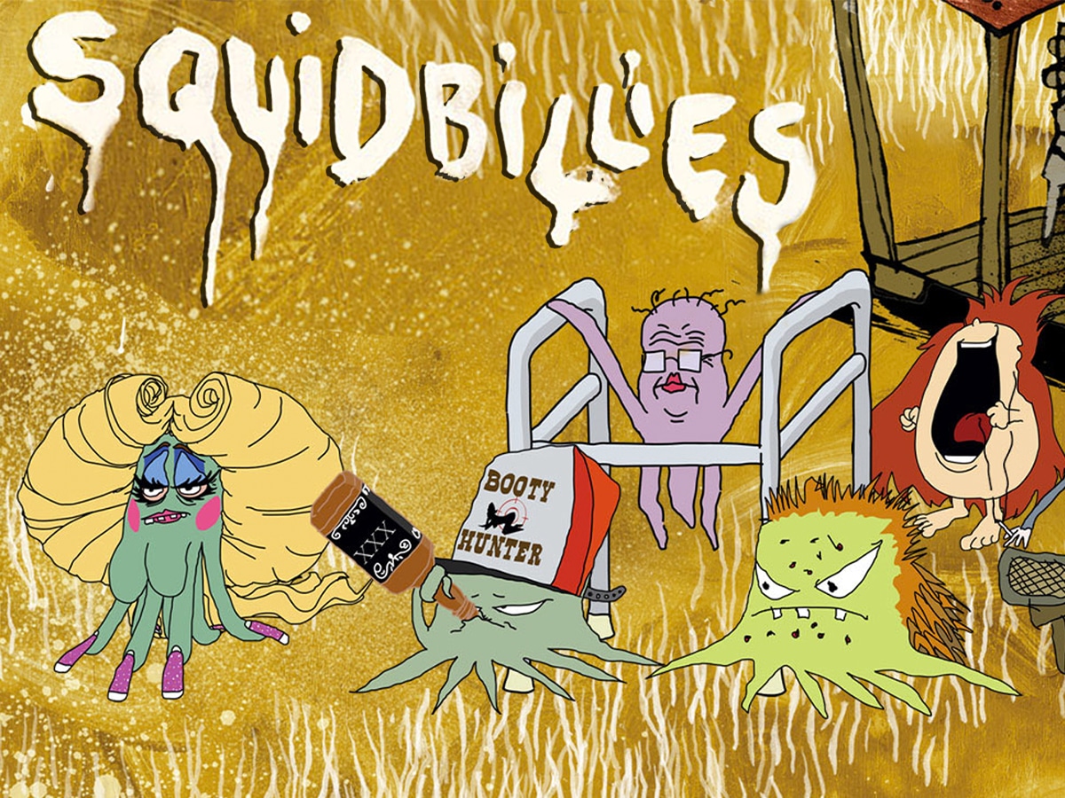 Group photo Lil Cuyler, Early Cuyler, Granny Cuyler, Russell “Rusty” Cuyler and Dan Halen with the Squidbillies logo at the upper left corner