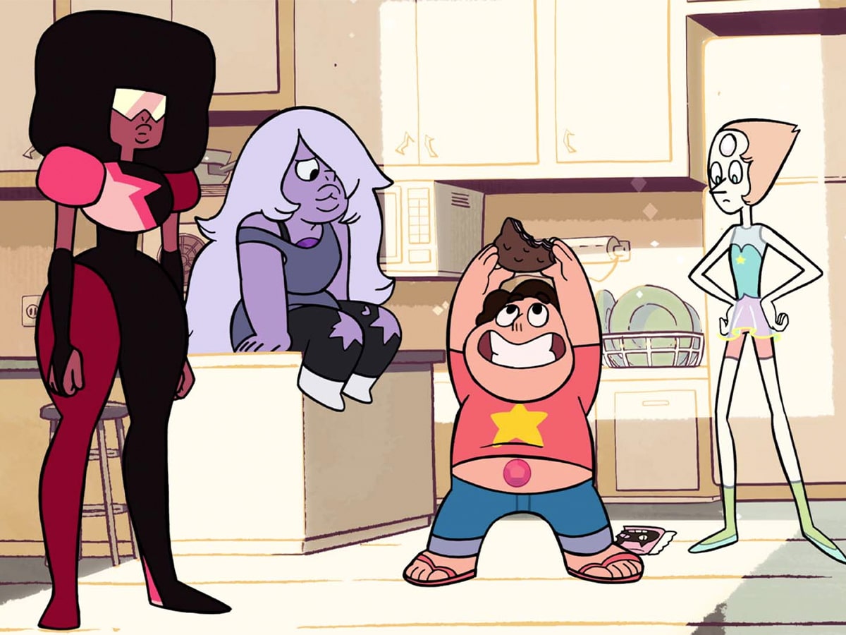 Full shot of Garnet, Amethyst, Steven Universe, and Pearl in the kitchen