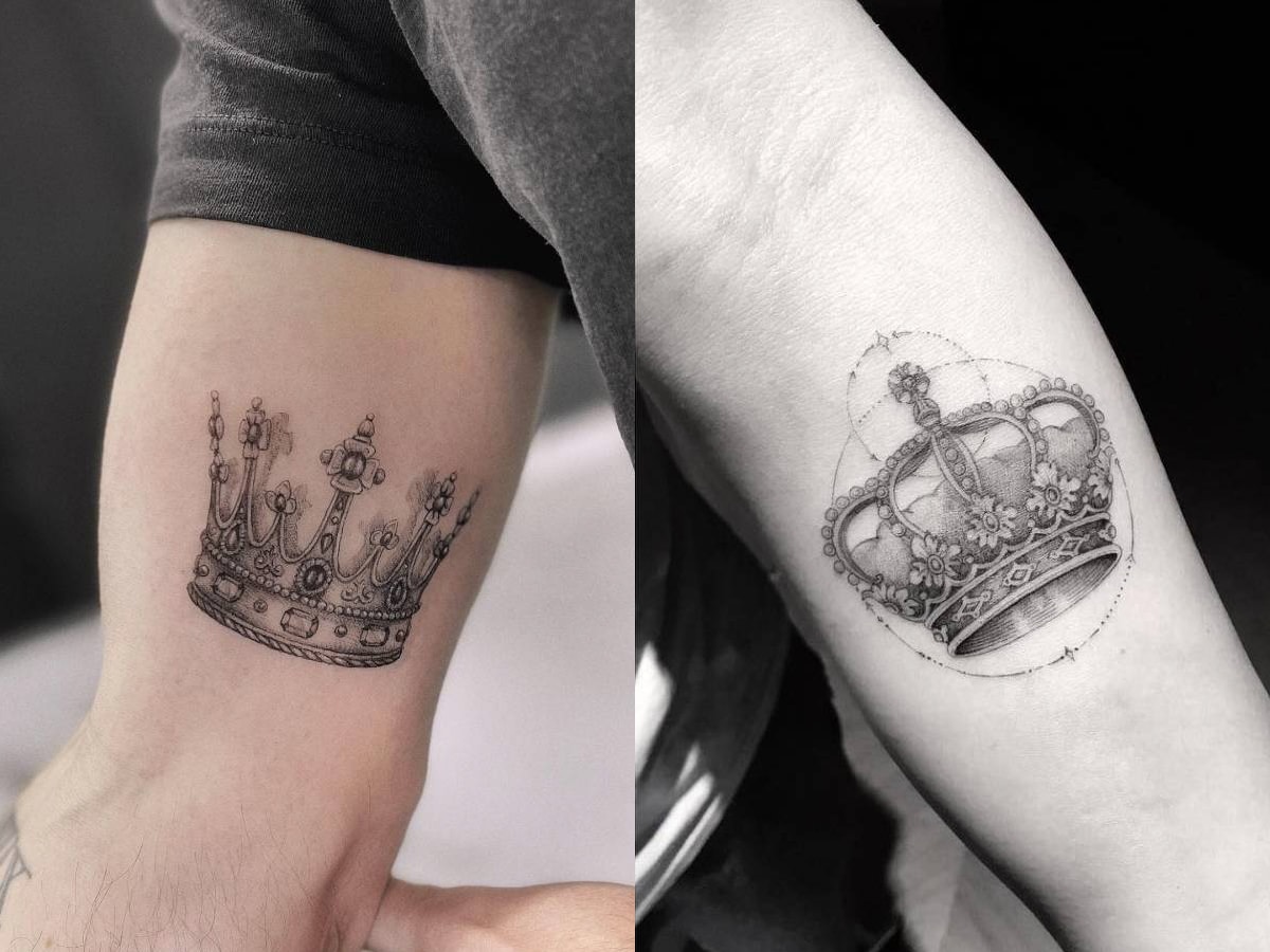 Side by side collage of two different black and gray crown design tattoo on a man's arm