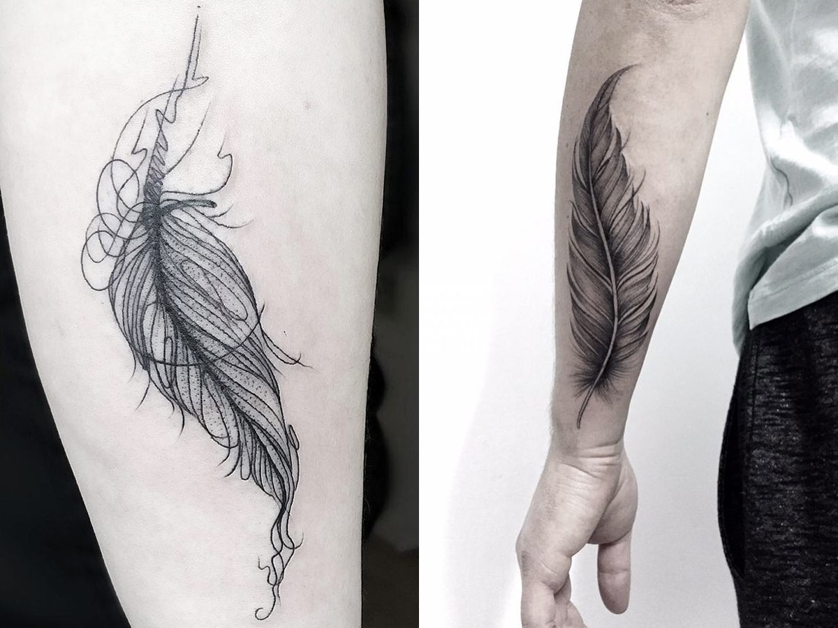 Side by side collage of two different black and gray tattoo of a single stylized feather