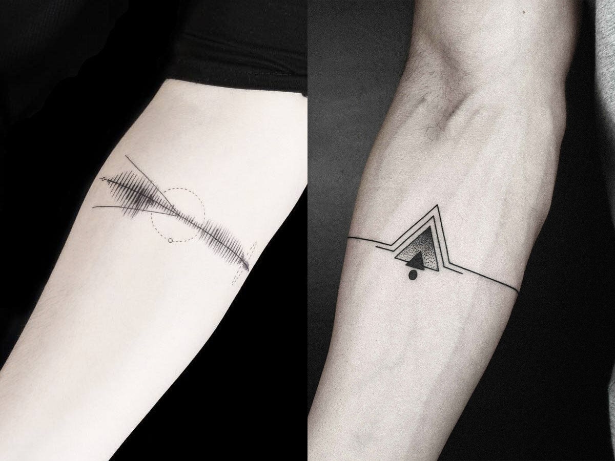 Side by side collage of two different black and gray minimalist line tattoo