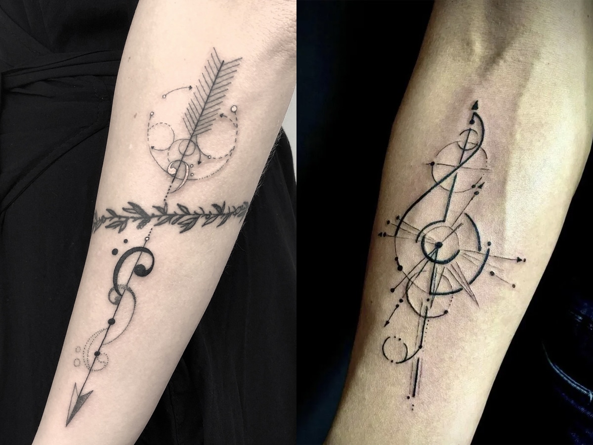 Side by side collage of two different black and gray tattoo of stylized musical notes on a man's forearm