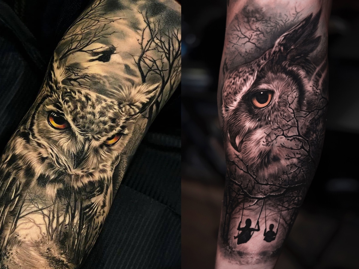 Side by side collage of mainly black and gray owl design with yellow eyes tattoo sleeve