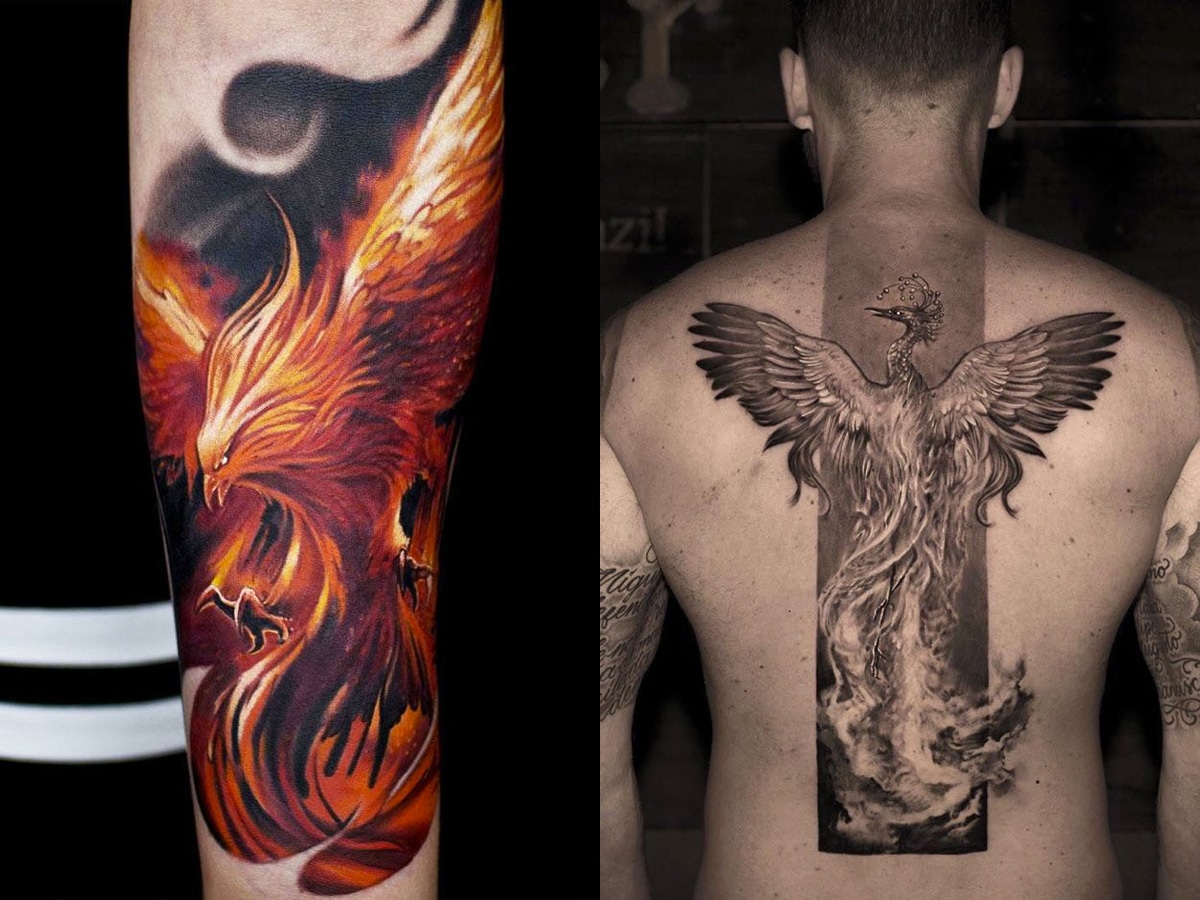 Side by side collage of phoenix tattoo with the left image coloured and the right image black gray