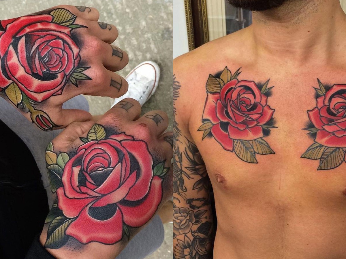 rose tattoos on chest with names