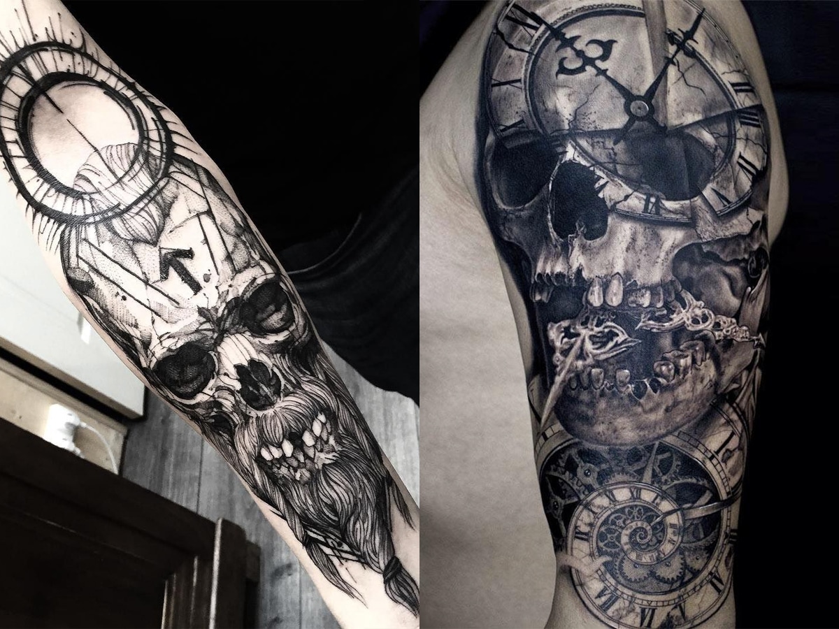 Side by side collage of two different black and gray skull design tattoo sleeve