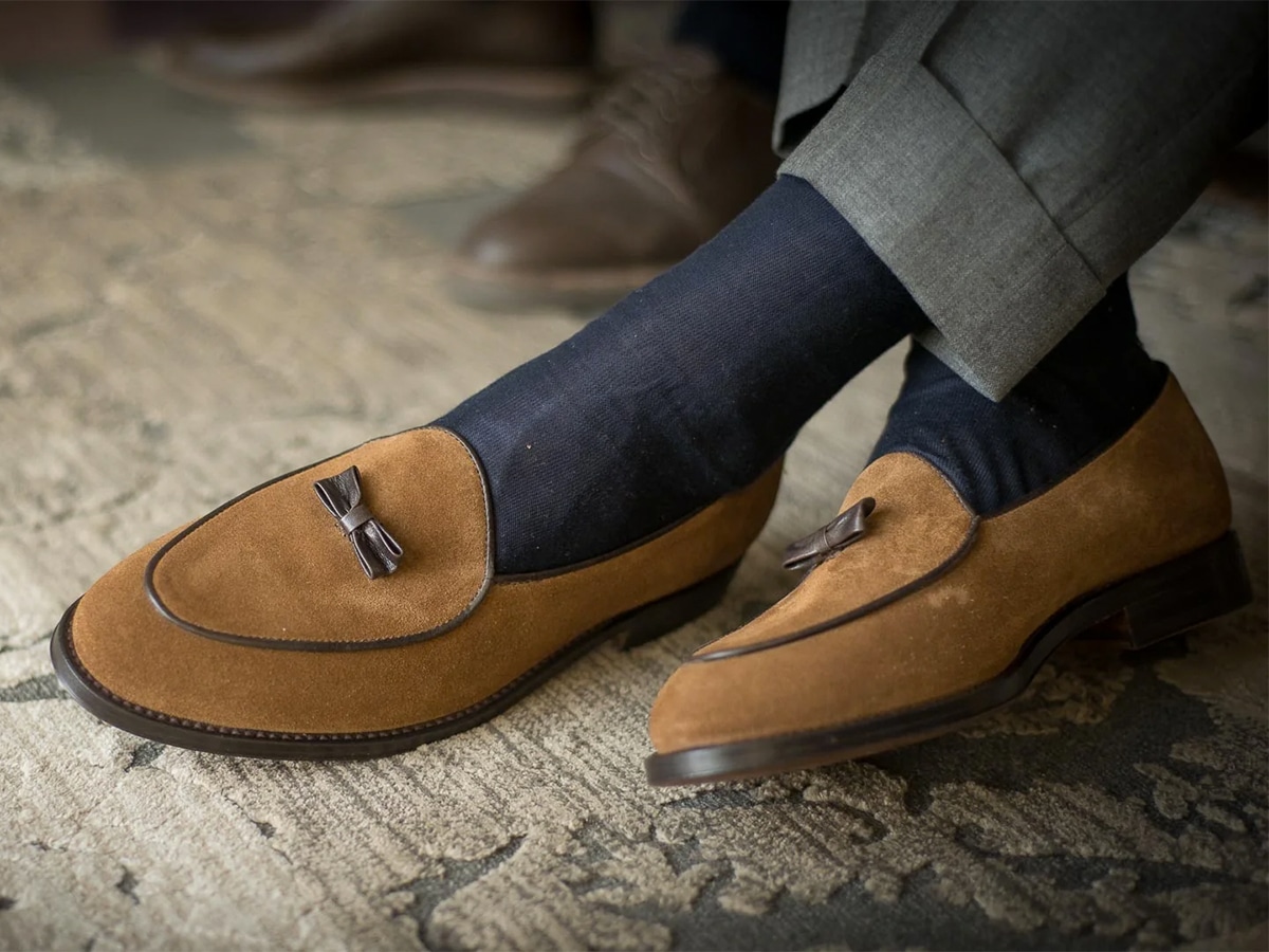 Close up of Velasca Ciappacan loafers with blue socks