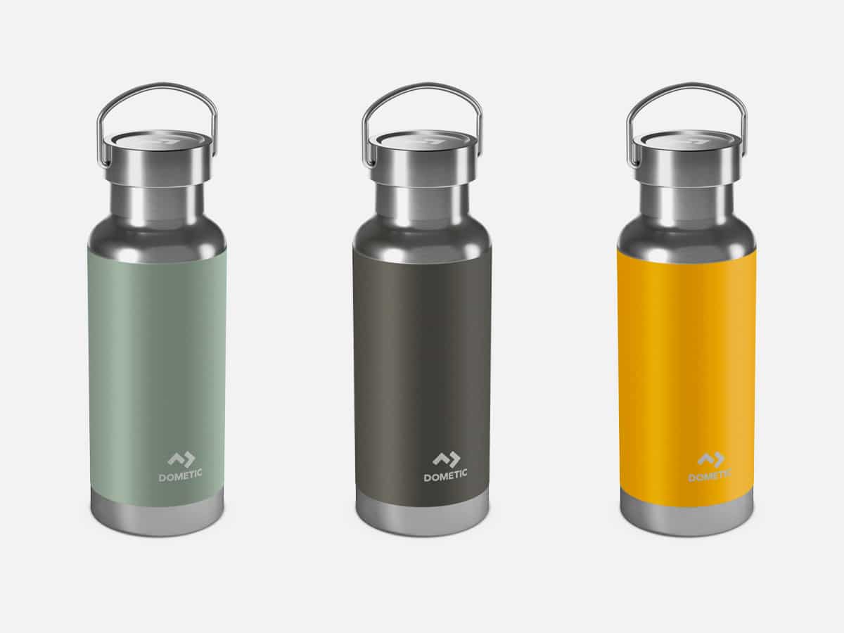 Product image of Dometic Thermo Bottle 48 in Moss, Glow, and Ore color variants against plain white background