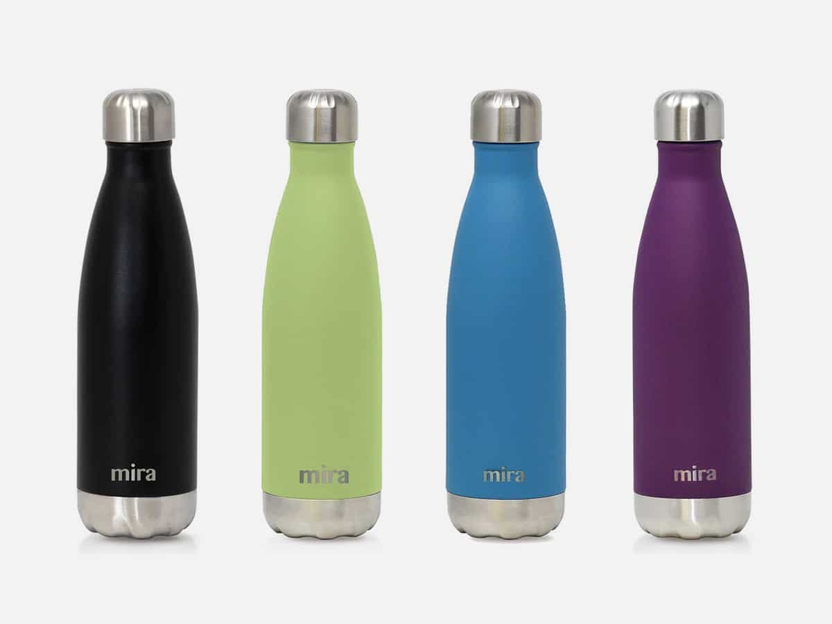 Product image of Mira 17oz Cascade Solid in Black, Cactus Green, Hawaiian Blue, and Iris color variants against plain white background