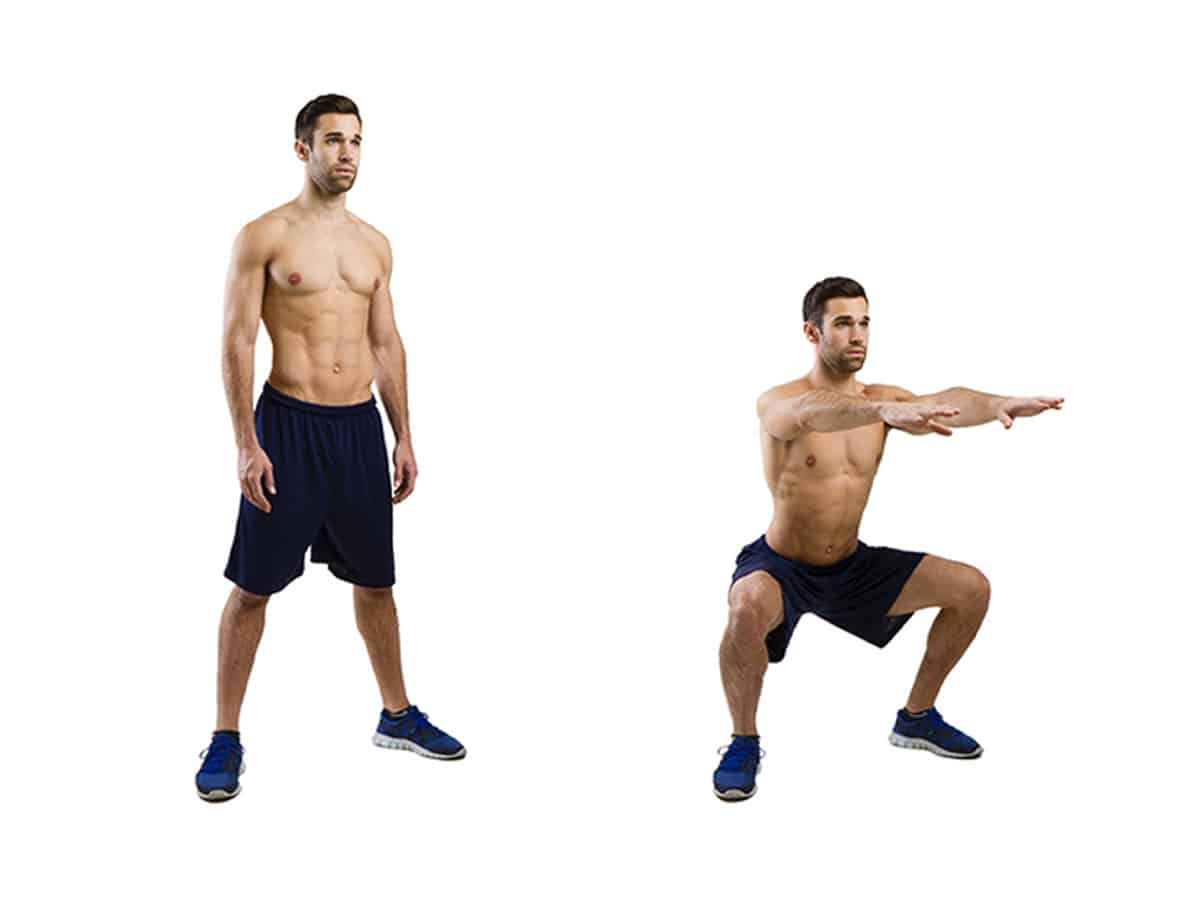 Strong Fit Man with Ripped Body Doing Squat Exercises Showing