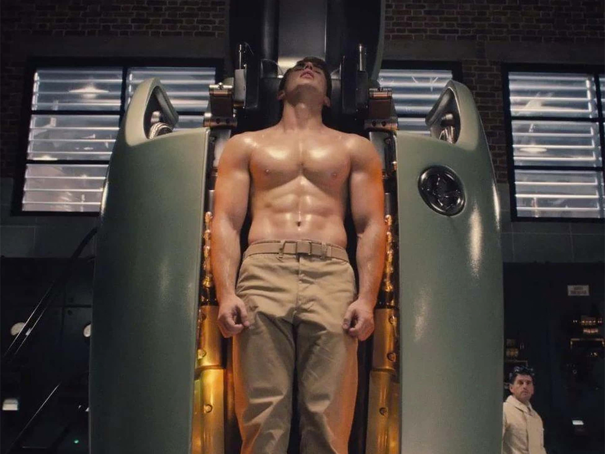 Shirtless Steve Rogers coming out of the Vita-Ray Chamber in the movie Captain America: The First Avenger