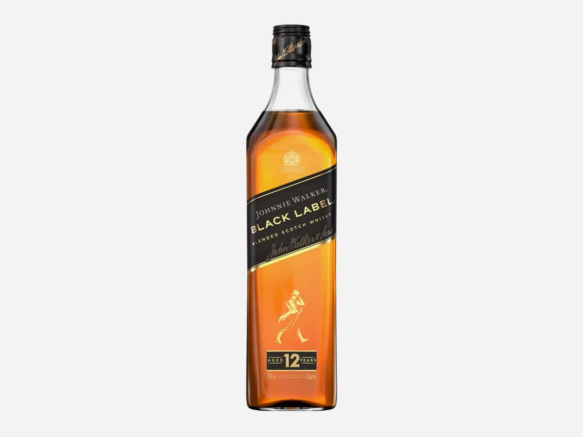 A bottle of premium whisky Johnnie Walker Black Label displayed against a clean white background