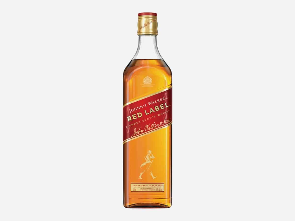 A bottle of premium whisky Johnnie Walker Red Label displayed against a clean white background