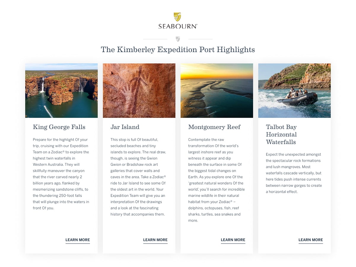 Screenshot of Seabourn Kimberly Expedition webpage