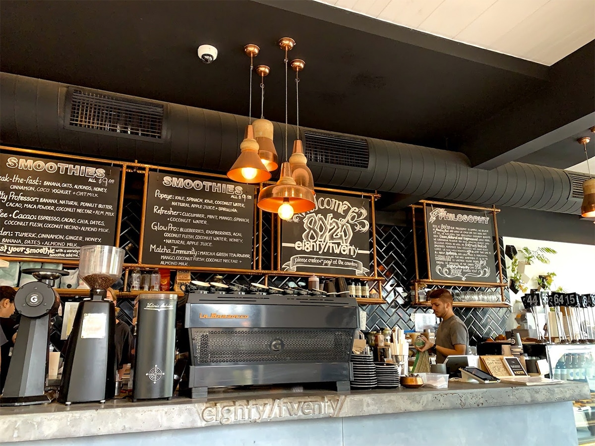 Service counter coffee bar and chalkboard menu at Eighty/Twenty Food cafe