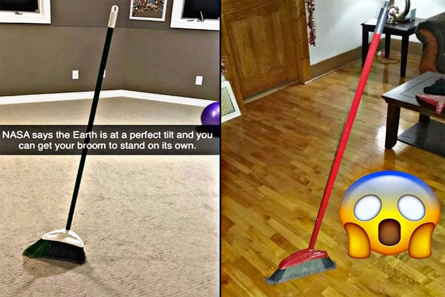 Collage of two photos of brooms standing on their own with shocked face emoji and a text caption 'NASA says the Earth is at a perfect tilt and you can get your broom to stand on its own.'