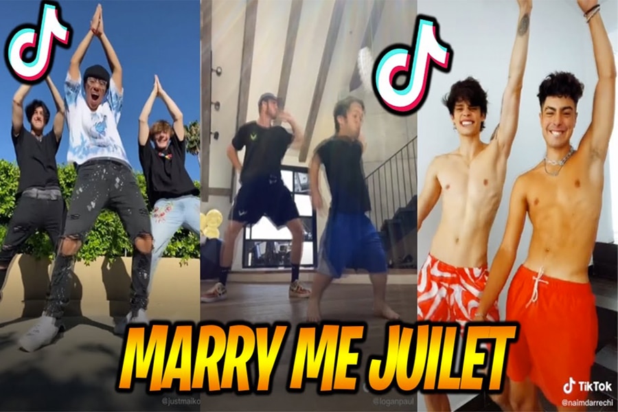 Edited collage of three screenshots of men dancing with their arms raised and hands clapping with tiktok logos and a text at the bottom of the image 'Marry Me Juilet'