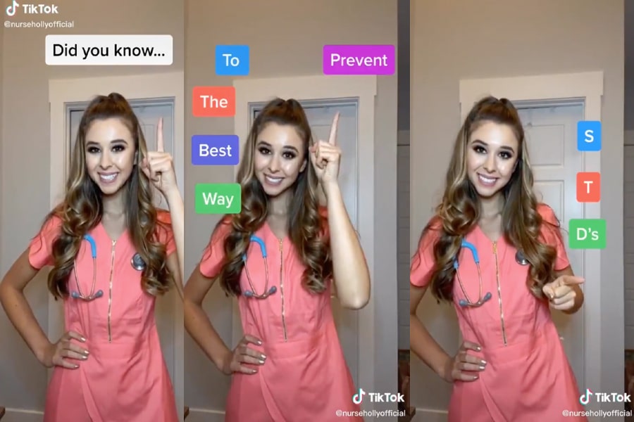 Collage of screenshots of a nurse pointing to texts on phone screen reading 'Did you know... The Best Way To Prevent STD's'