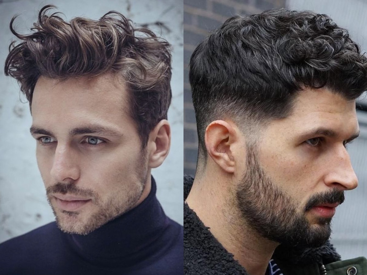 Collage of two images of men with Medium Wavy Fade hairstyle