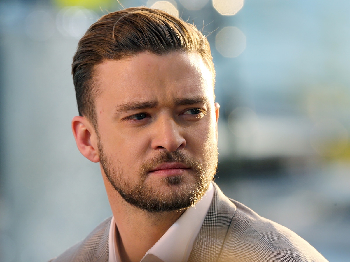 Close up of Justin Timberlake with Neat Sweep Slick Back hairstyle