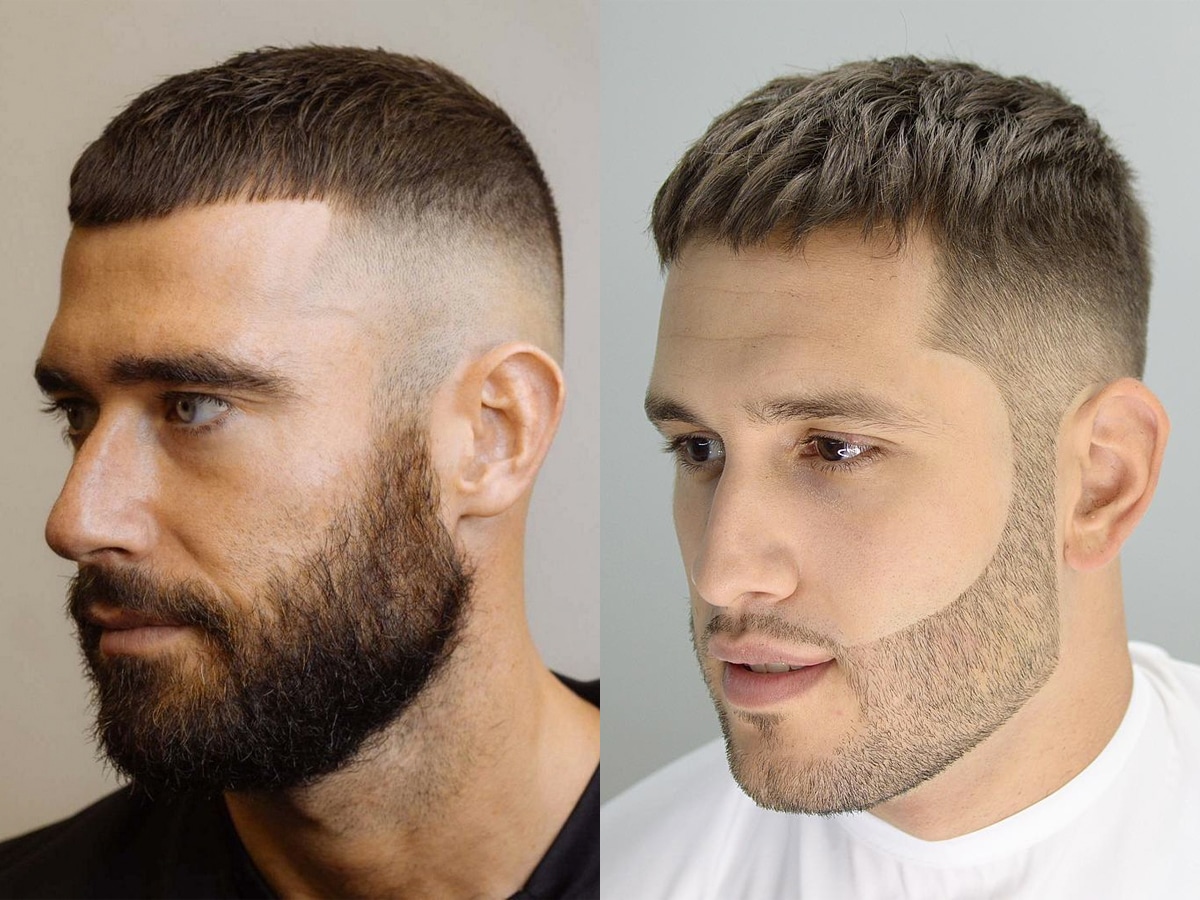 Collage of two images of men with short crop cut