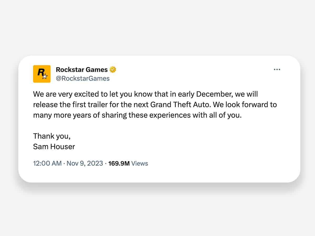 Tweet form Rockstar Games Sam Houser confirming that the GTA 6 trailer will be released in December 2023 | Image: X