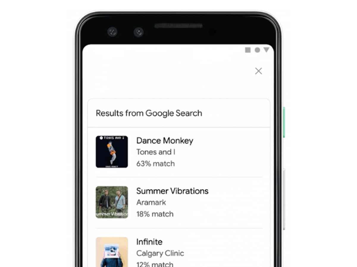 Phone screen showing Google app with search results ‘Dance Monkey/Tones and I/63% Match’ and ‘Summer Vibrations/Aramark/18% Match’ and ‘Infinite/Calgary Clinic/12% Match'