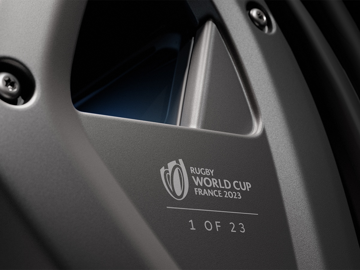 Close up of Rugby World Cup France 2023 logo and insignia on limited edition Defender Trophy Car