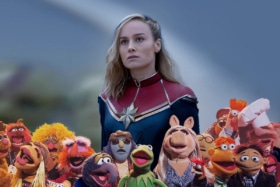 Brie Larson in 'The Marvels' flanked by The Muppets | Image: Disney