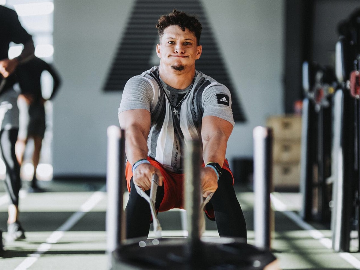 Patrick Mahomes doing sled pull workout