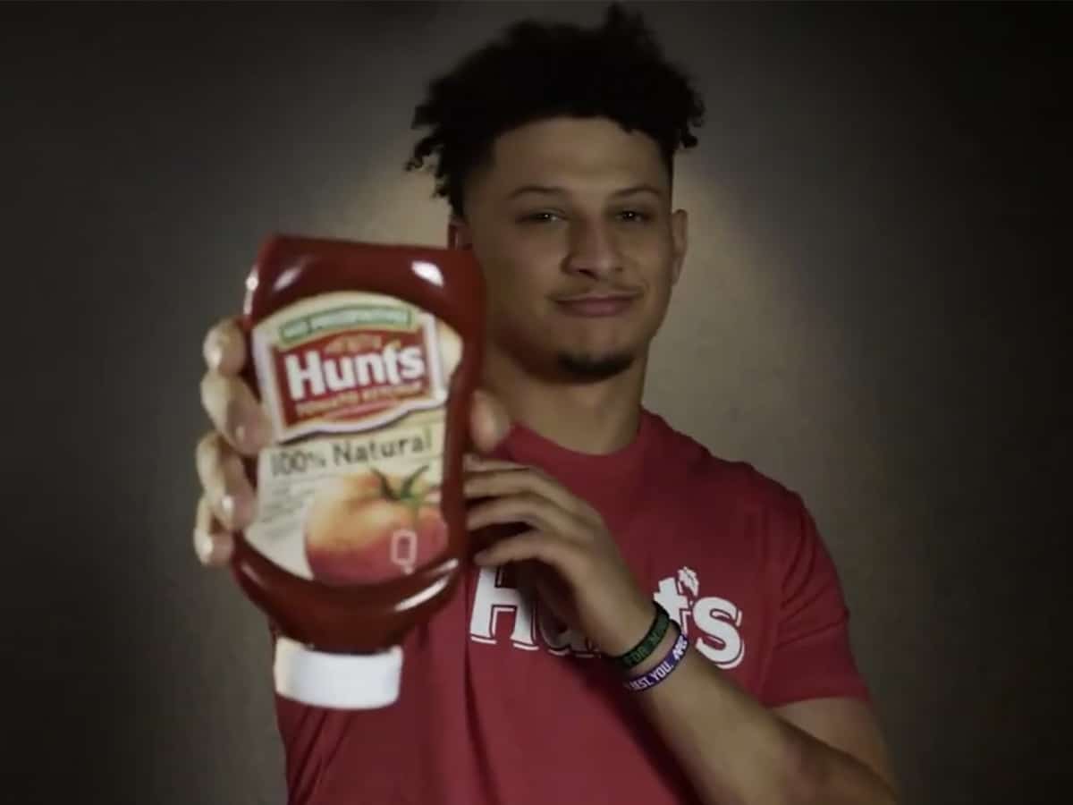 Patrick Mahomes holding a Hunt’s ketchup