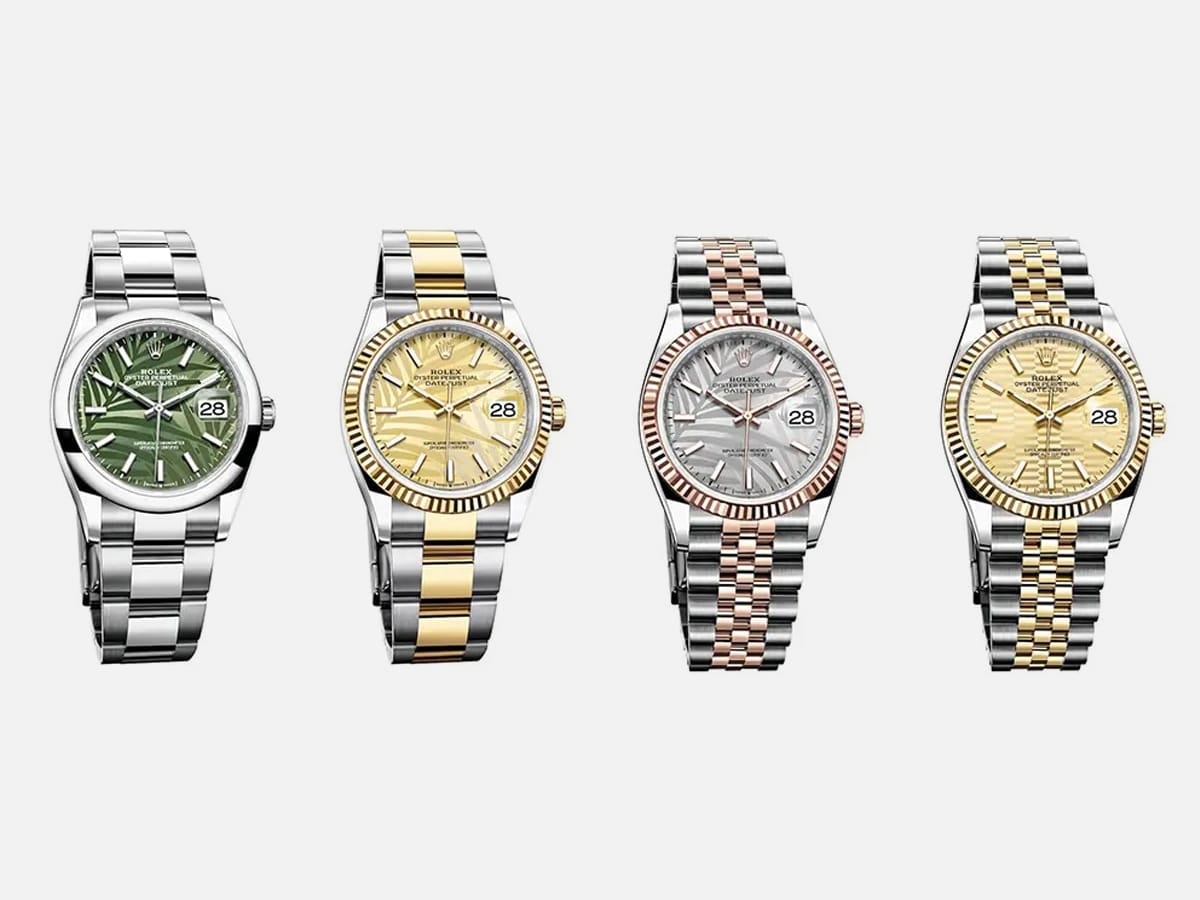 Four Rolex Datejust palm dial oystersteel, everose gold, white gold, yellow gold
