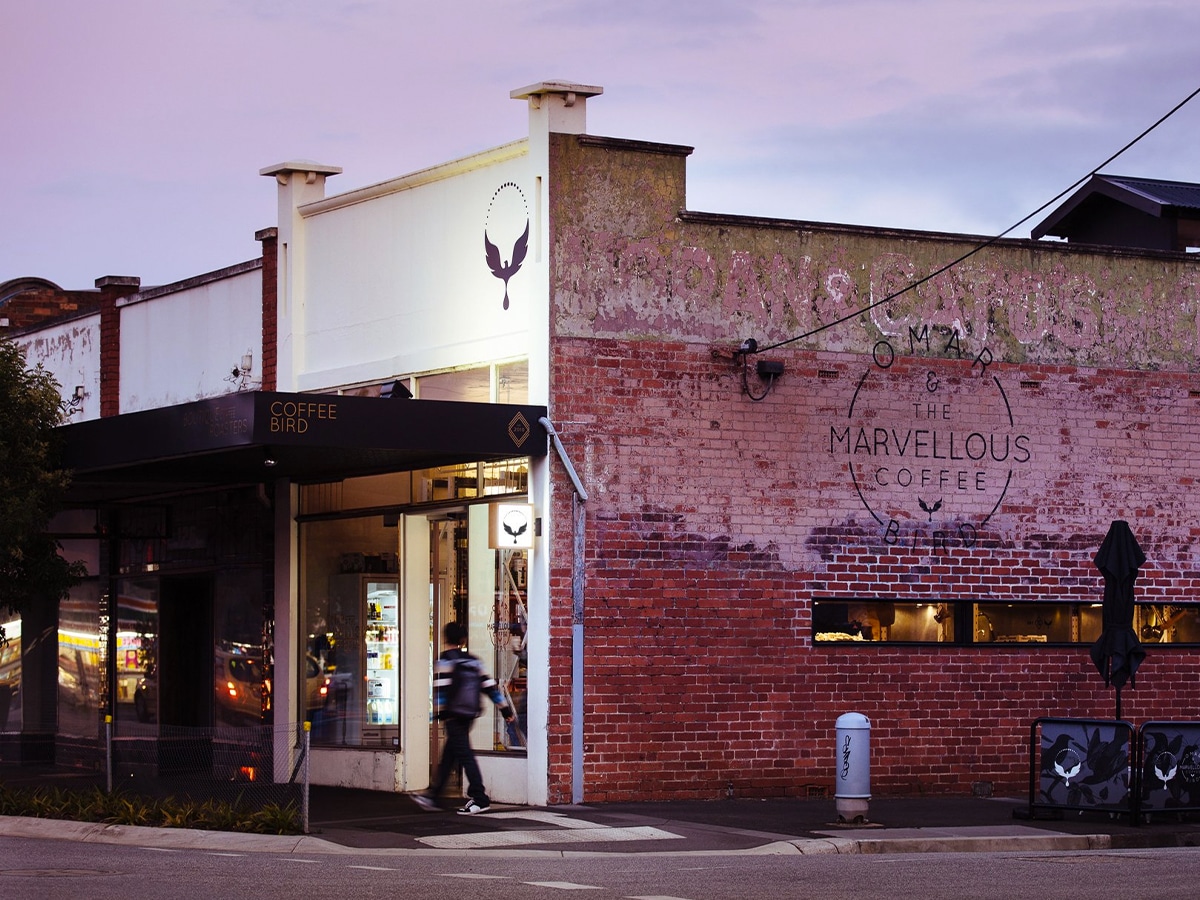 Exterior of Omar and the Marvellous Coffee Bird cafe in the evening