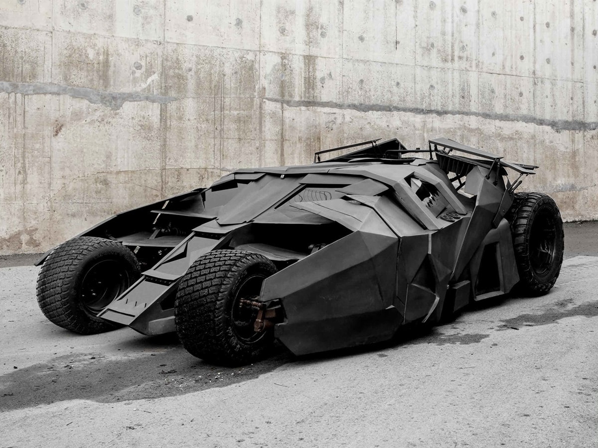 Electric replica of tank-like Batmobile on the road side view