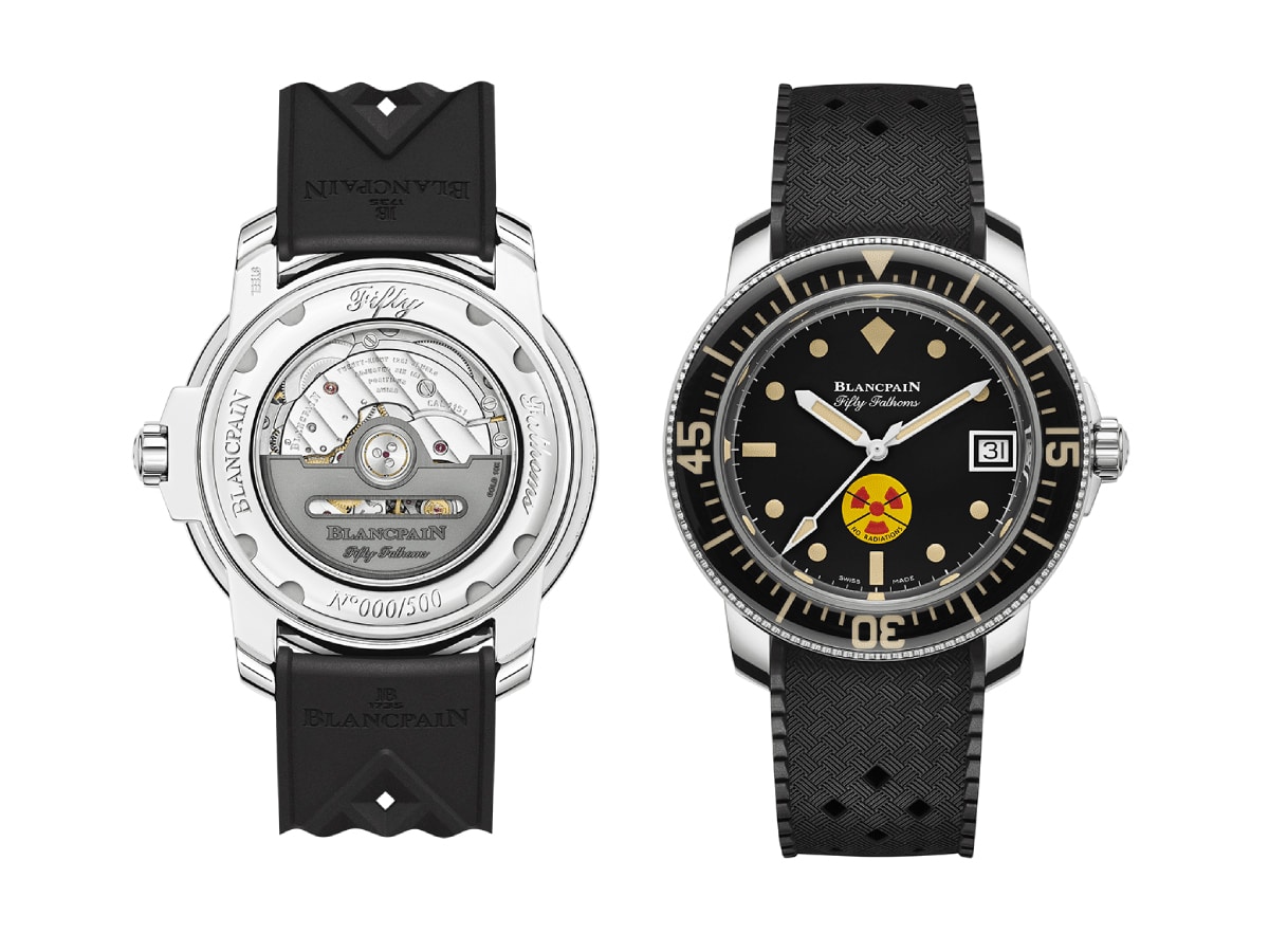 Blancpain Fifty Fathoms No Rad front and back view with white background