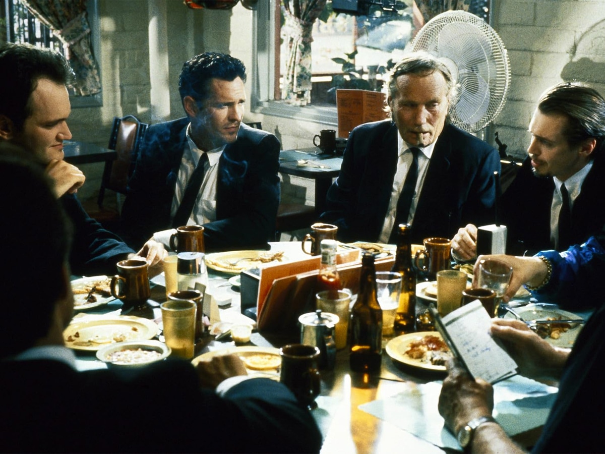 Quentin Tarantino, Michael Madsen, Edward Bunker, and Steve Buscemi in ‘Reservoir Dogs’