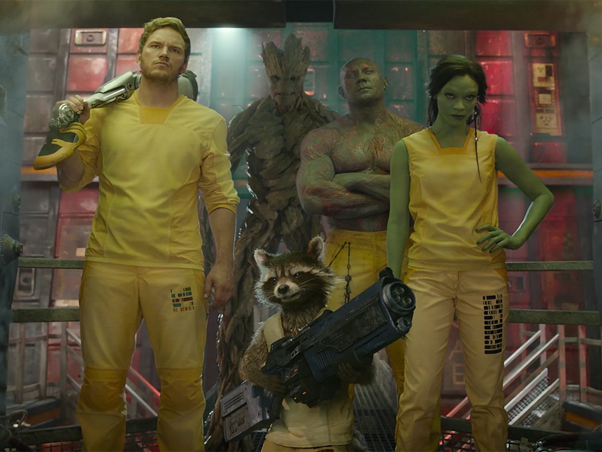 Chris Pratt, Zoe Saldana, Bradley Cooper, Dave Bautista, and Vin Diesel in ‘Guardians of the Galaxy’