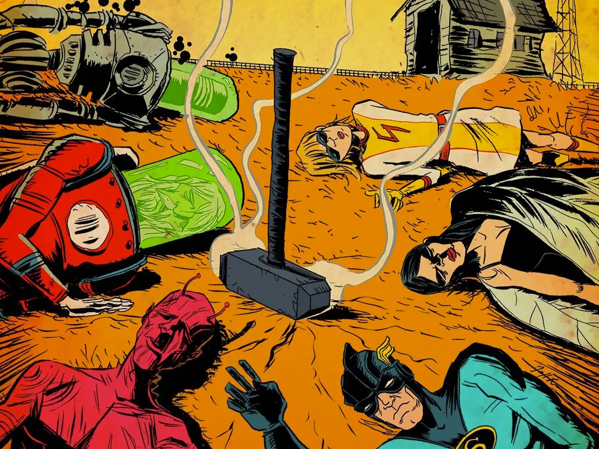 Multiple characters lying on the ground with a black hammer in the middle emitting smoke