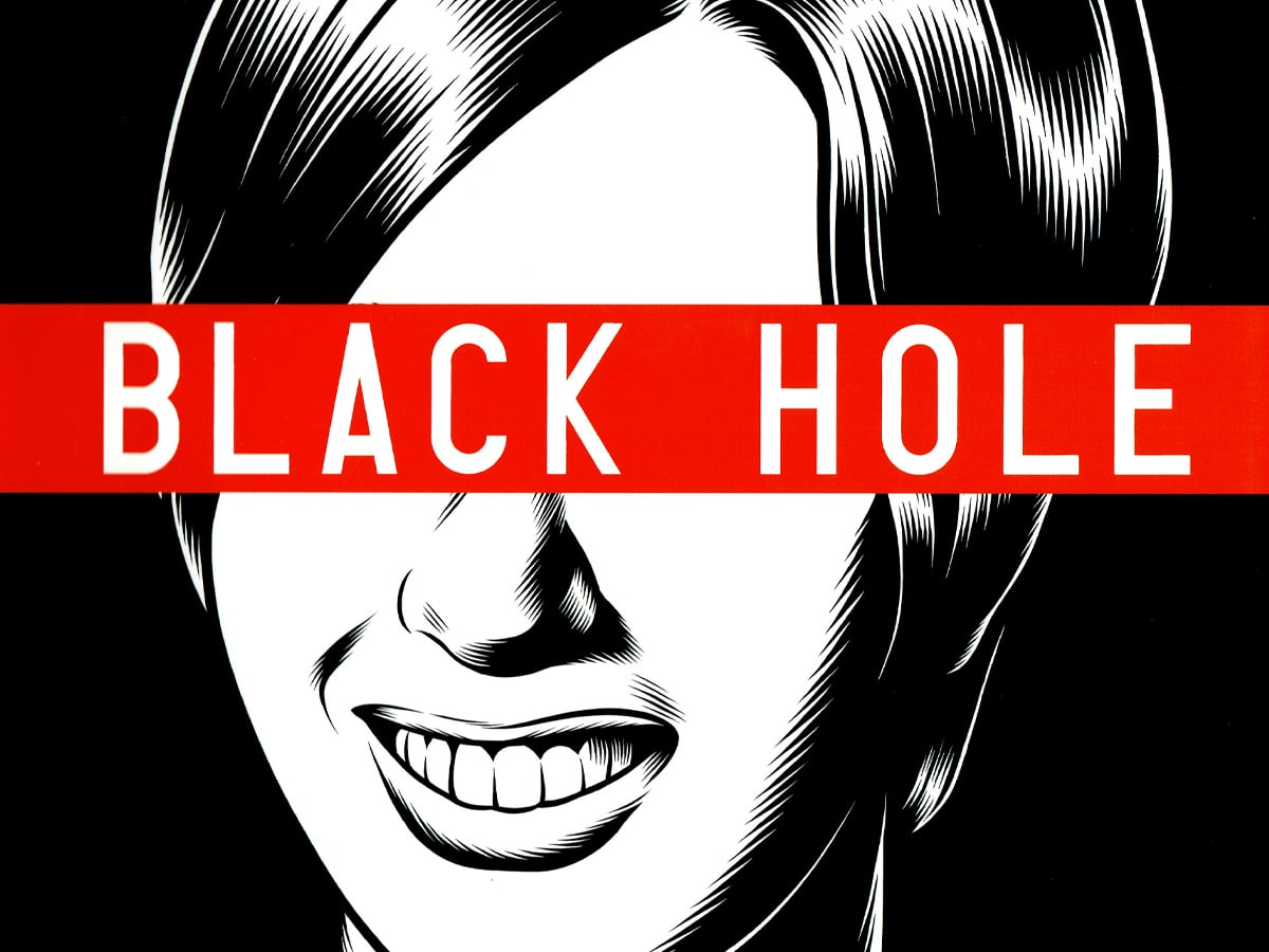 Black and white silhouette illustration of a woman whose eyes are covered by a red block with the words 'BLACK HOLE'