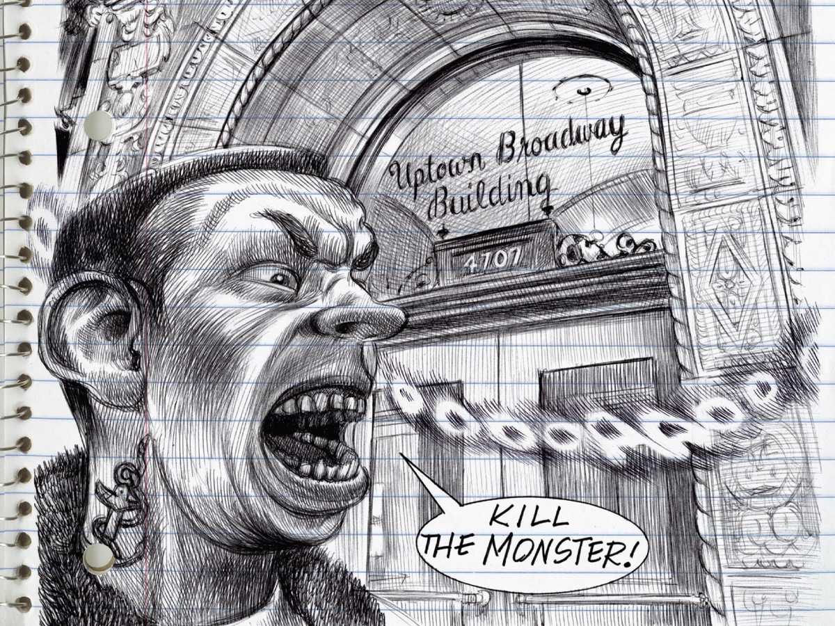 Sketch of a man yelling 'KILL THE MONSTER!' on a notebook page