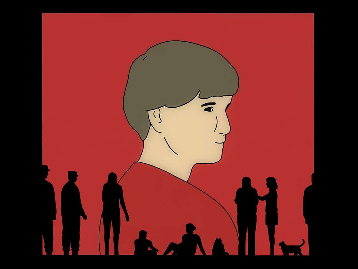 Big image of a person in red with red background in front of other characters' silhouette