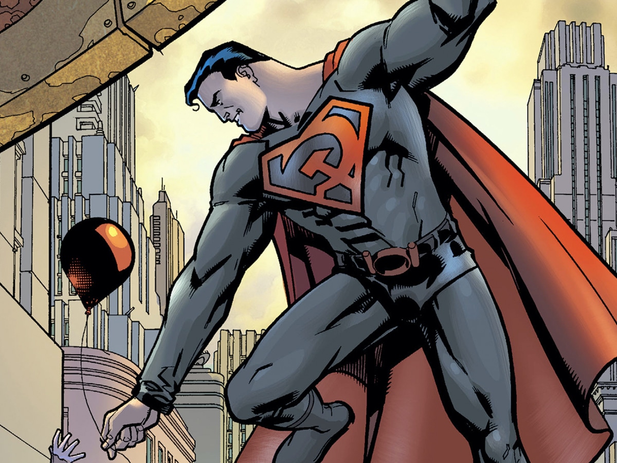 Superman handing a red balloon
